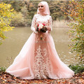 Oumeiya OW540 Pink Tulle Beaded Embroidery High Neck Long Sleeve Hijab New Design Muslim Bridal Dress