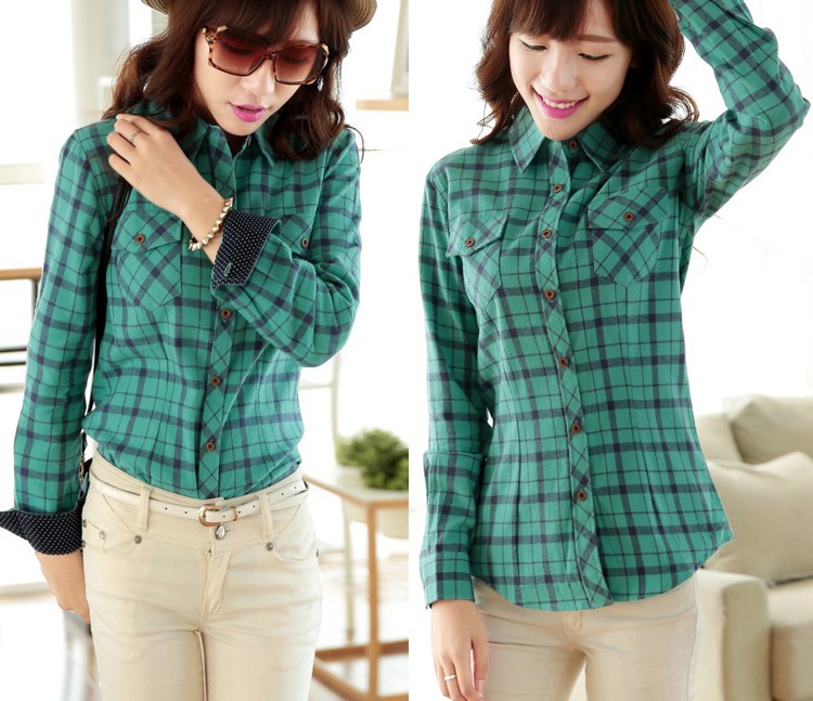 Women Long Sleeve Plaid Checkered Shirt 4