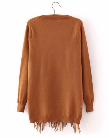 2015 Korean stylish women\'s new autumn winter women long-sleeved o-neck solid color irregular hem fringed sweater tessel free shipping (6)