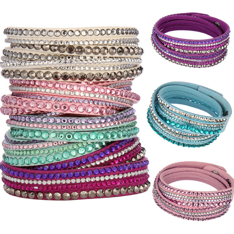Hot Sale 2015 Fashion Rhinestone Leather Wrap Bracelet Crystal Multilayer Bracelets bangles for Women Men Free