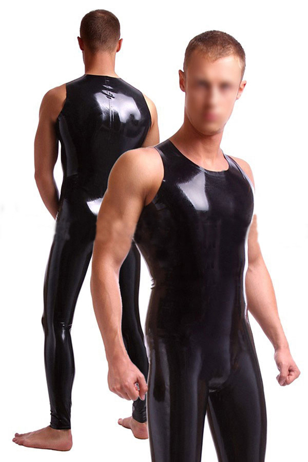 2015 new fashion Men's sexy black latex tights clothes fetish sleeveless rubber garment catsuit for men plus size Hot sale