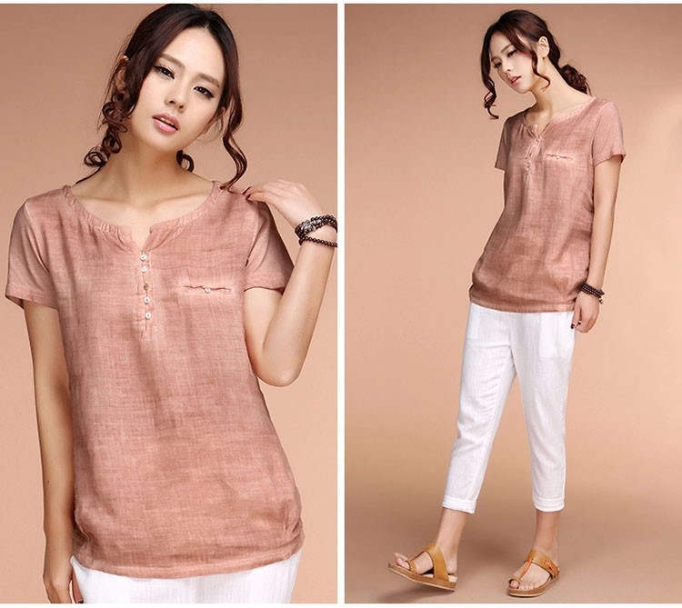 women cotton linen short sleeve blouse