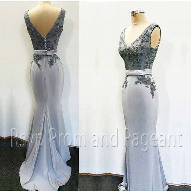 Real Sample Long Mermaid Evening Dresses V neck Beaded Applique Floor Length Strecth Satin Silver Formal