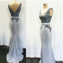 Real Sample Long Mermaid Evening Dresses V neck Beaded Applique Floor Length Strecth Satin Silver Formal