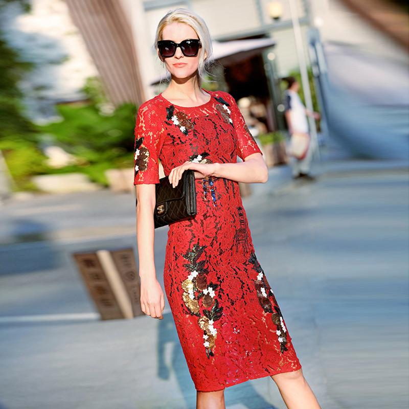 Lace Dress 2016 Summer Autumn Fashion Brand Runway Hollow Out Short Sleeve Sequined Mid-Calf Slim New Red Incity Dress