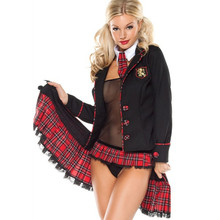 ST001 night club school girl sexy costume 5 pc exotic student suits red woven plaid kilt black jacket fishnet teddy G-string tie