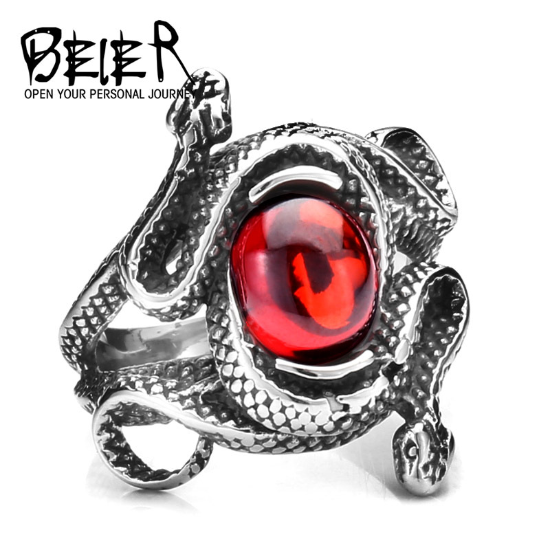 Antique Animal Double Head Snake Rings With Ruby Women High Quality 316L Stainless steel Jewelry BR8015