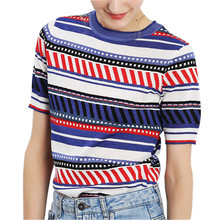 2016 New Fashion High Quality Brand Sweater Women Short Sleeve O-neck Geometric Striped Knitted Sweaters Runway Style Tops