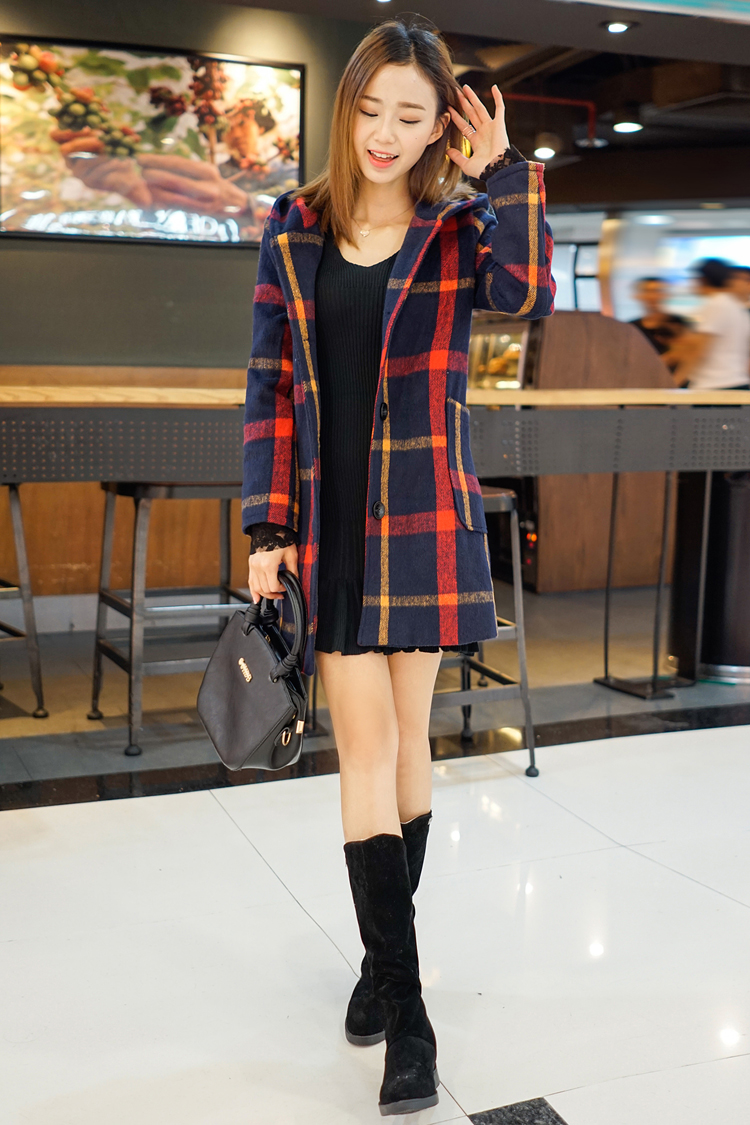 2016 spring new woolen coat Girls long paragraph Slim font b plaid b font hooded double
