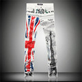 2016 new fashion casual white jeans male British flag Eiffel Tower in Paris fashion printed men
