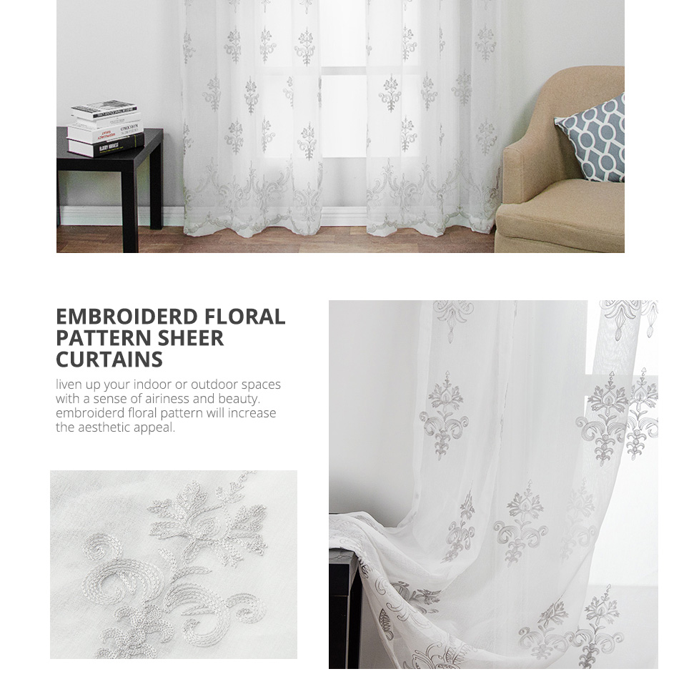 Luxury Palace White Embroidered Floral Sheer Curtains For Living 