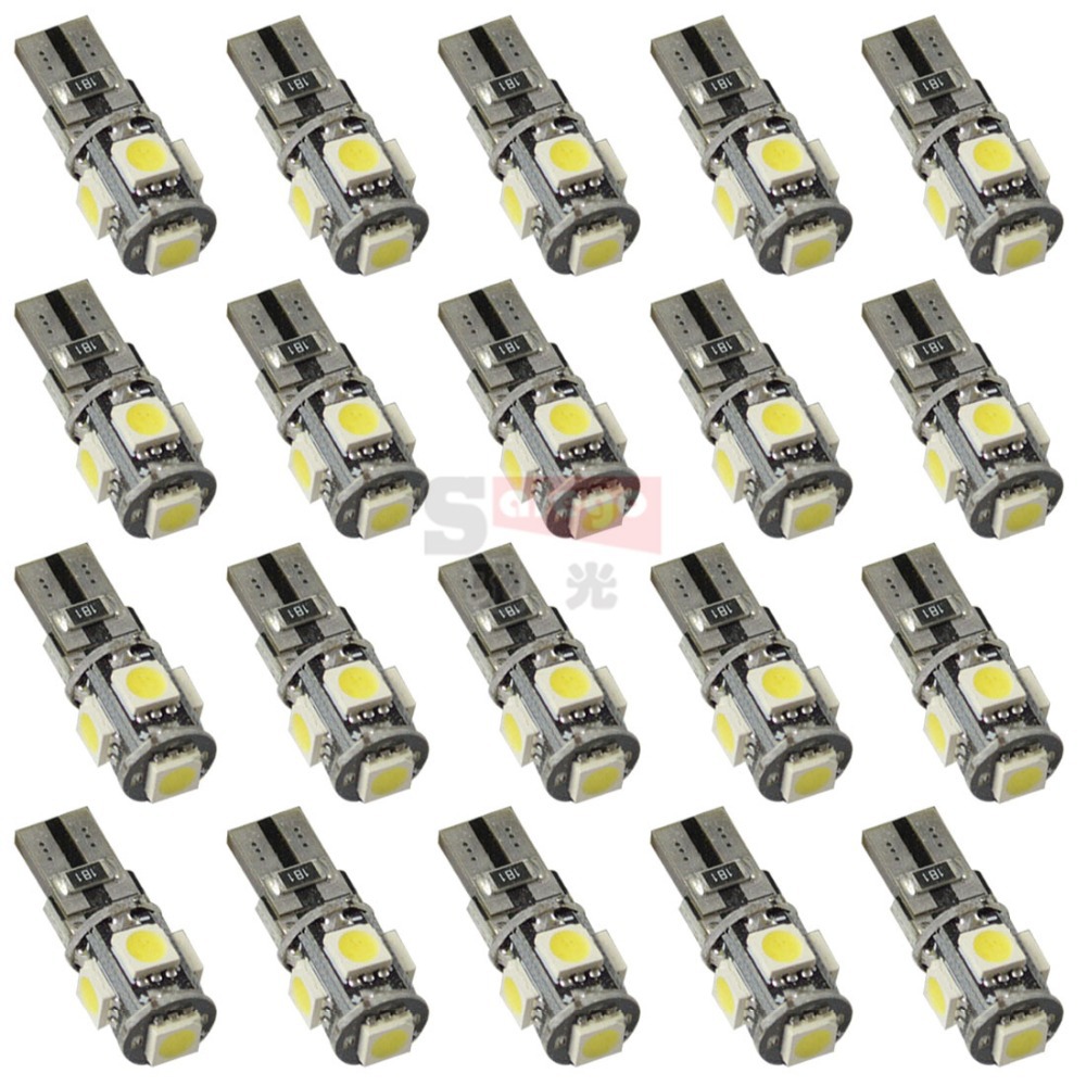 20pcs white auto wedge T10 smd canbus 5smd 5 smd T10 LED canbus car led T10 canbus w5w 194 error free automotive light bulb lamp