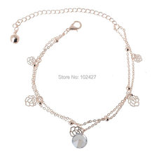 1X Sexy Crystal Double Layer Gold Plated Anklets for Women Hollow Rose Flower Ankle Bracelet Barefoot