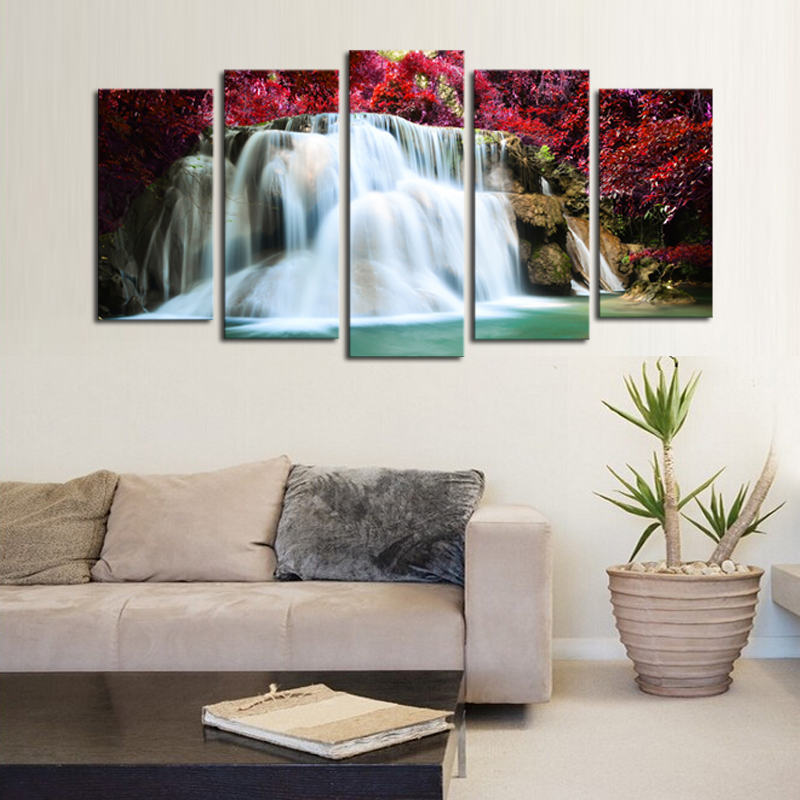 Unframed 5 Pcs Red Trees Waterfall Picture Print Painting Modern Canvas Wall Art for Wall Decor Home Decoration Artwork