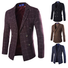 Fashion Men’s Suit Coat Autumn Lapel Wool Double-breasted Tartan Suit Brand Clothes Korea Style Jacket Blazer SL