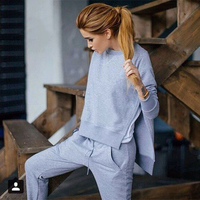 Elina 2015 woman 2pcs gray slit jogging femme chandal mujer felpe donna tracksuits sport suit sudaderas mujer hoodies sweatshirt