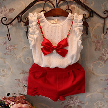 Summer Girls White Bubble Sleeve Red Suit Pants Send Necklace Clothes Kids Baby Girl Set Fashion