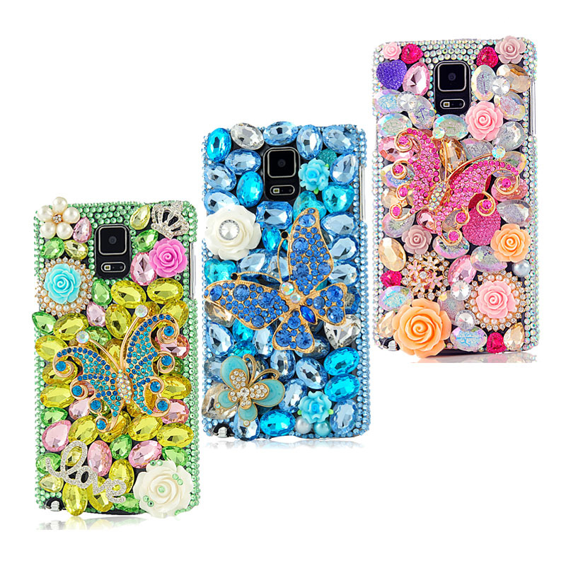 Case For Samsung Galaxy Note 4 N910 3D Handmade Crystal Butterfly and Flowers Full Diamond Hard PC Shell Transparent Cover