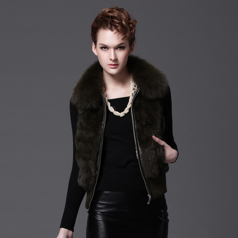 Fashion Fox Fur Collar Rabbit Fur Vest Women Fur Waistcoat Fur and Leather Patchwork Atumn and Winter Free Shipping