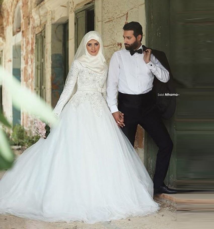 Hixhab , çifte Col-haut-À-Manches-Longues-Robe-De-Mariage-Musulman-Arabe-Hijab-De-Mariage-robe-Tulle-Arabe