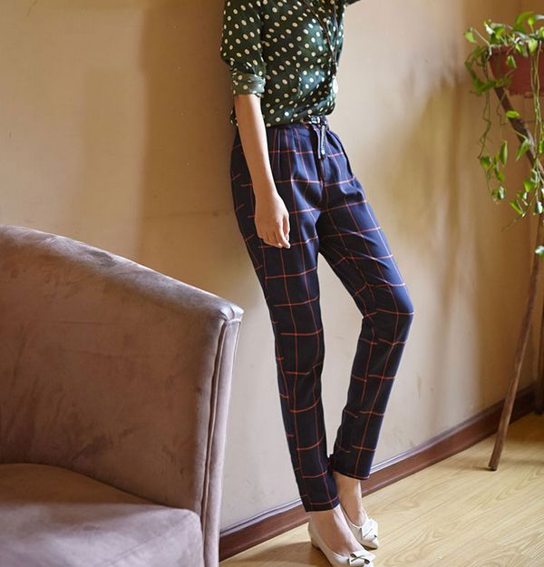 Spring Autumn Fashion Women Casual Check Harem Plaid Pants Loose Grid Long Trousers 2 Colors Gray/Blue S/M/L