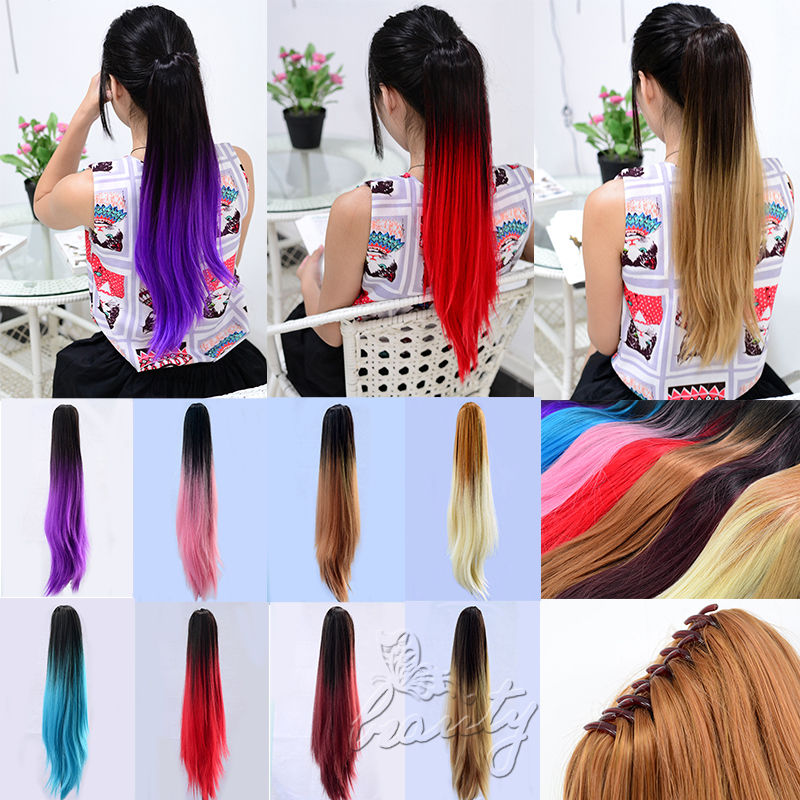 50cm Straight Stylish Ombre Dip Dye Clip In Ponytail Pony Tail Hair Extensions