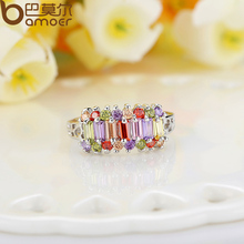 BAMOER White Gold Natural Sapphire Ruby Ring with Trapezoid AAA Multicolor Imitation Diamond For Women Engagement