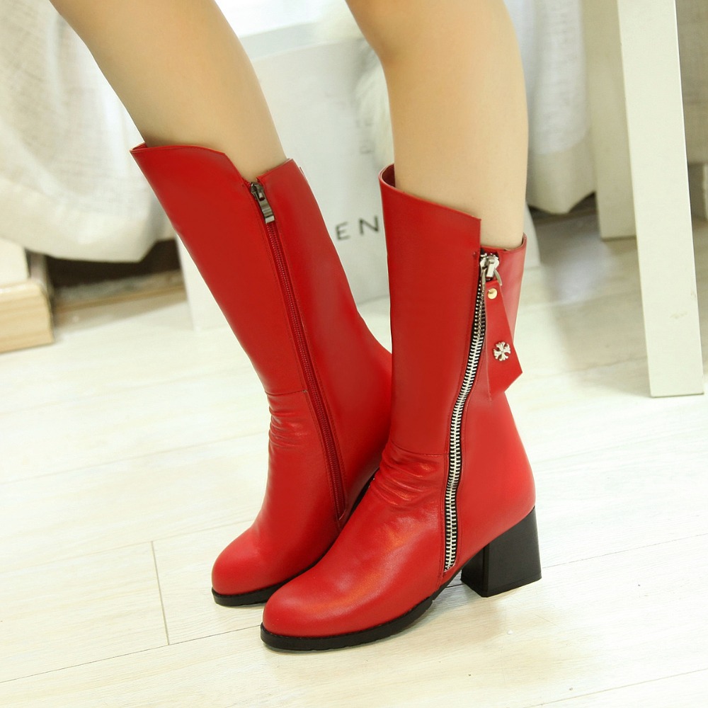Фотография Size 40 41 42 43 44 zipper design Square heel Boots Popular Winter Solid High quality Genuine Leather Round Toe Mid-Calf Boots