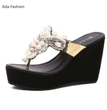 Women Sandals 2016 Summer Open Toe Sandals Platform Pearl Rhinestone flip flops Thick Heel High-heeled Shoes Women’s Wedge Shoes