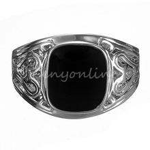 Best Promotion Noble Fashion Men Black Square Onyx Silver Stainless Steel Fancy Finger Ring Punk Jewelry