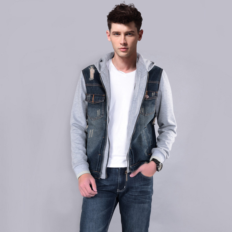 2015 New Fashion Denim Jackets Men Knitting Sweatshirt Sleeve Hooded Jean Coat Man Wash Retro ...