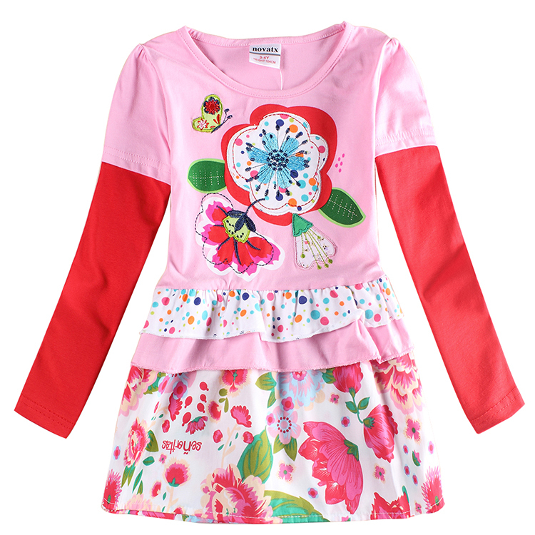 Kids Clothes Floral Girls Dress Nova Brand Long Sleeve Girl Party Dress Print Knee Length Cute Baby Girls Dress H6342