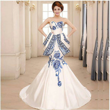 2016 Blue And White Porcelain Dress Luxury Long Evening Dress Chinese Traditional Wedding Qipao Cheongsam Free Shipping QP007