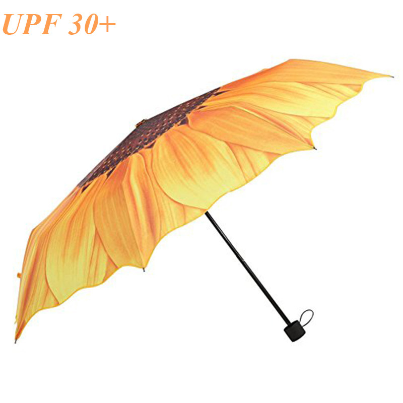 Sunflower Umbrella Rain Women Three Folding Sunny Rainy Non-automatic Pongee Anti UV Parasol Female Umbrella Light Umbrellas (2211)