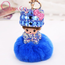 New Cute Dolls Cartoon Keychain Inlay Rhinestone Monchichi Bowknot Fur pom pom Ball Rabbit Woman Bag Charm Pendant Ring Holder