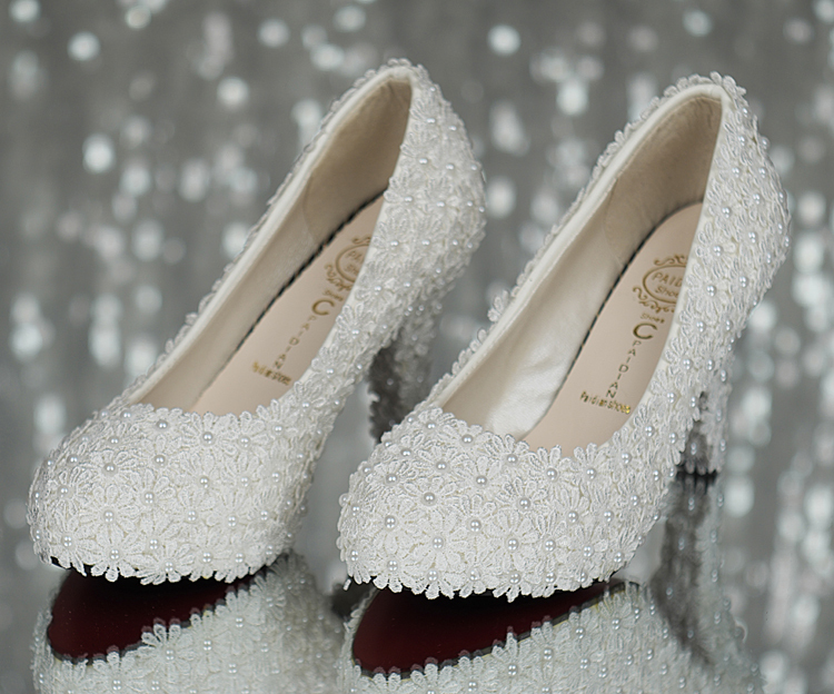 9cm/11cm Women Fashion Sweet White Flower Lace Platform High Heels Pearls Wedding Shoes Bride Shoes