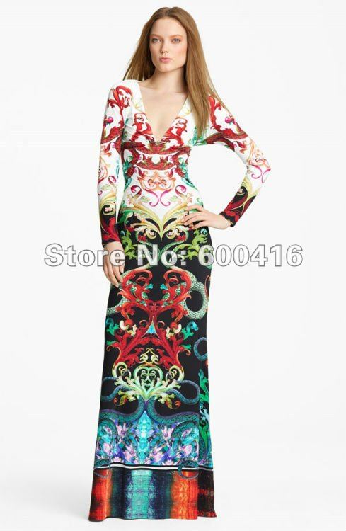 Free shipping Newest  Charming Printed Stretch Jersey V-neck Long sleeve Max Dress 0914EP321C