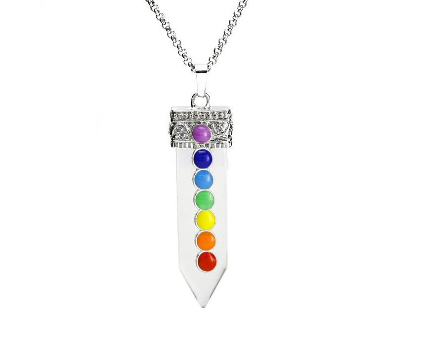 Unisex Crystal Quartz Seven Chakra Power Healing Gemstone Balancing Stone Reiki Focal Beads Sword Pendant Necklace, 18 Inch Chain