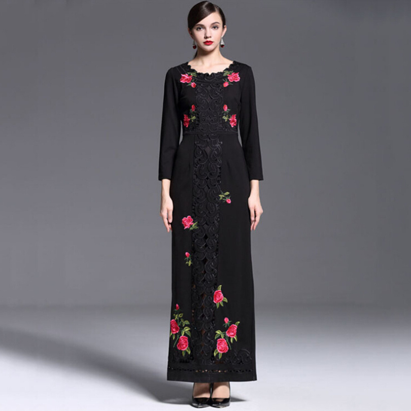 2015 Women runway fashion spring dress elegant embroidery long sleeve designer maxi dress casual beach dress 2015 D4967