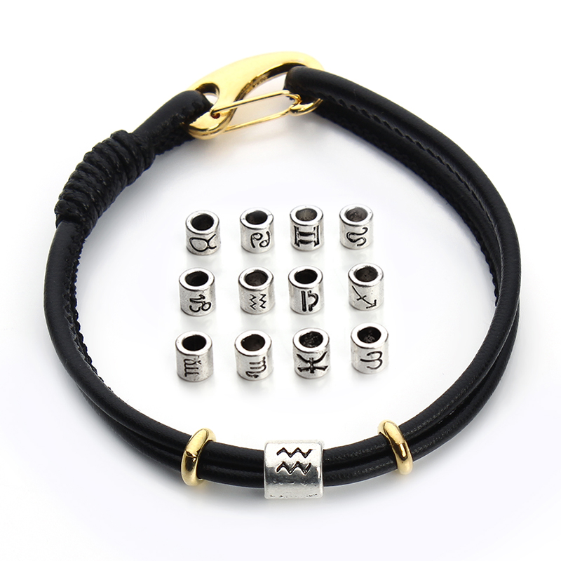 New Handmade Gold Plated 12 Constellations Black Leather Bracelet Zodiac Horoscope Charms Bracelets Bangles for Women & Men 2016