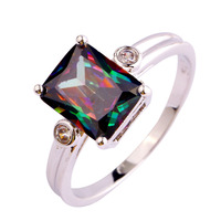 lingmei Wholesale Uuisex Jewelry Emerald Cut Mysterious Rainbow Topaz White Topaz 925 Silver Ring Size 6 7 8 9 10 Free Shipping