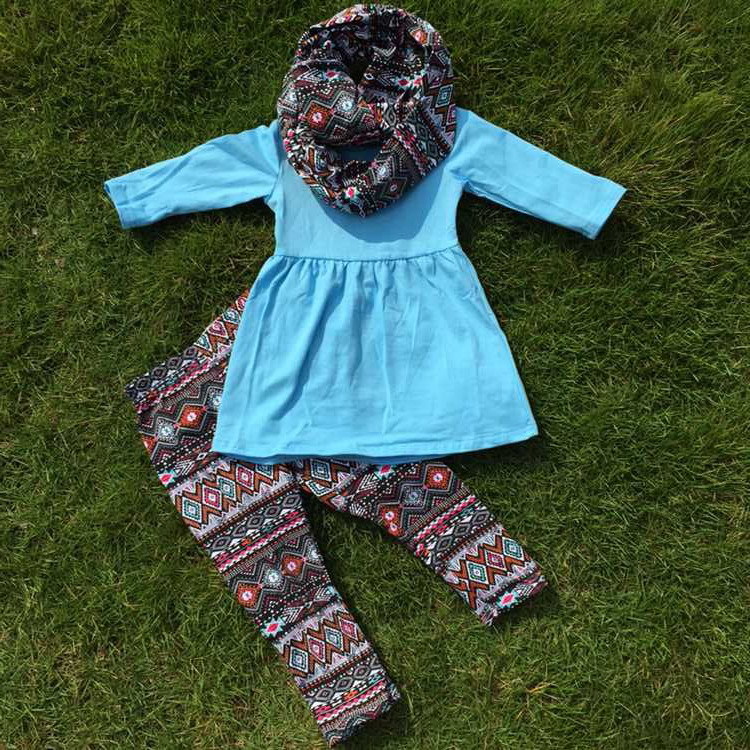 FALL CLOTHES persnickety girls 3 pieces sets Azetc pant boutique kids aqua blue top