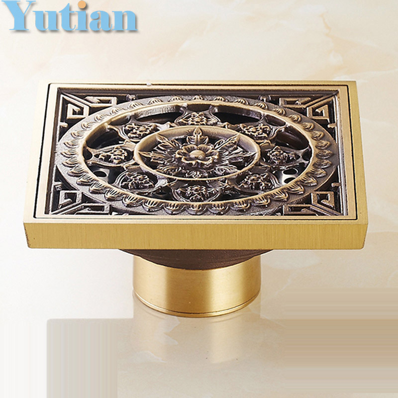 Free Shipping High Quality Antique Brass Carved Flower Art Bathroom Accessory Floor Drain Waste Grate100mm*100mm YT-2110