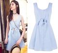 2016 New Summer Cute Women Mini dress Sleeveless Plaid Hollow Out Double-breasted Dresses Blue 6066