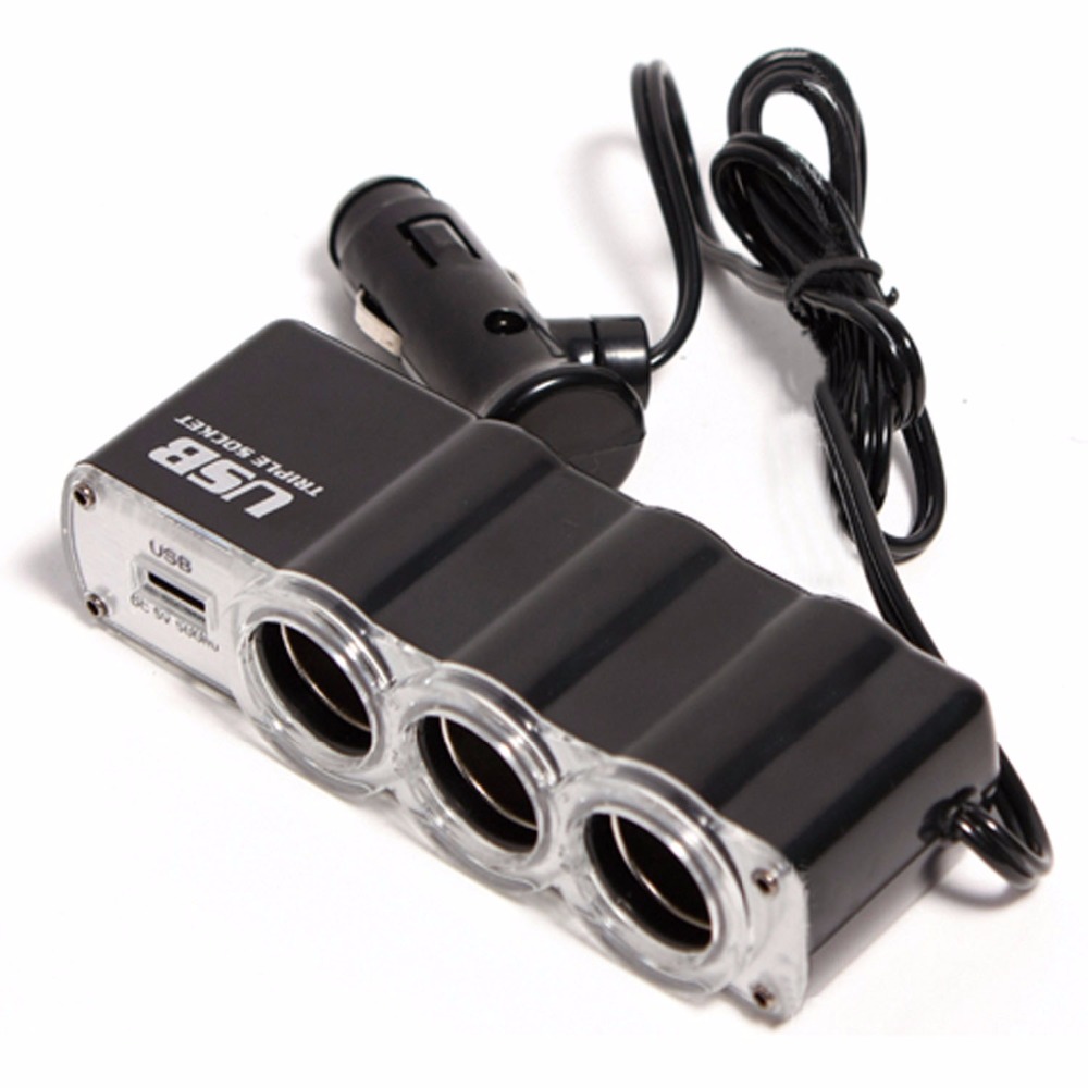 Car Charger 3 Way Car Cigarette Lighter Socket Splitter Charger Power Adapter DC + USB 12V-24V Car Accessories 2015 Universal