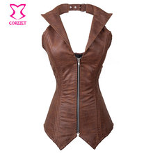 Brown Leather Overbust Steampunk Corset Steel Boned Waist Trainer Halter Corsets Burlesque Korsett For Women Espartilho Corselet