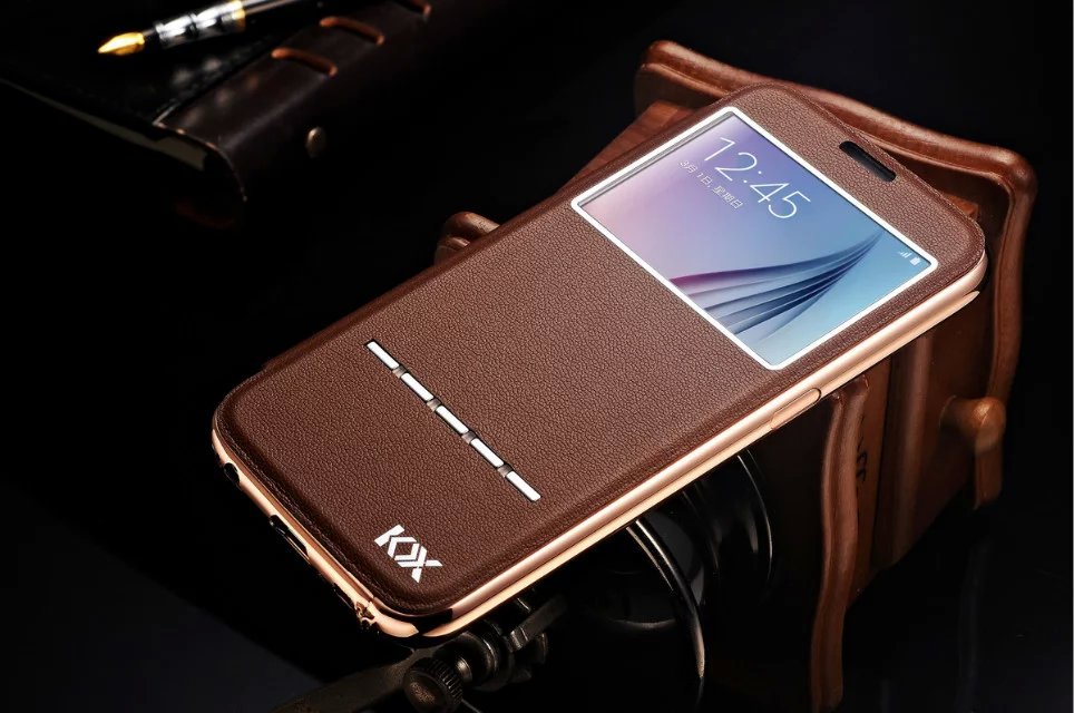 KXX Smart Touch Flip View Window Genuine Leather Cover Aluminum Metal Frame Original Phone Case For