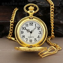 PQ094 Men Dress Gold Round Case Quartz Pocket Watch Chain
