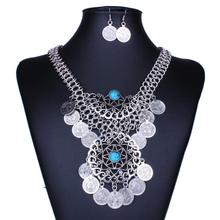 Gypsy Beads Coin Fringe Tassel Hollow Round Bib Statement Necklace Earrings Set Gypsy Antalya Silver Festival Turkish