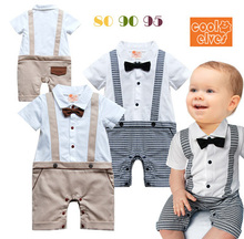 New 2015 Baby Boy Formal Tuxedo Short Sleeve One-Piece Romper Suit Newborn Boys Gentleman Solid Bowknot Summer Cotton Clothing